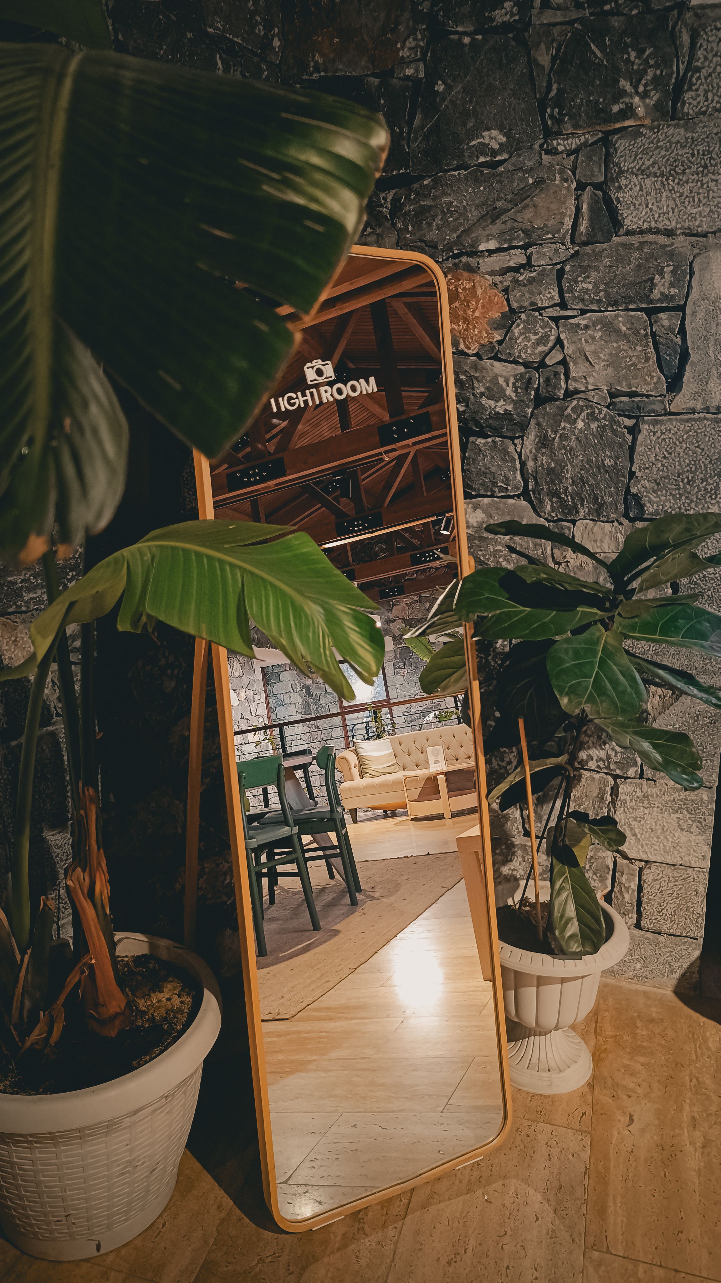 Cozy indoor scene with mirror reflection against stone wall, featuring tropical plants.