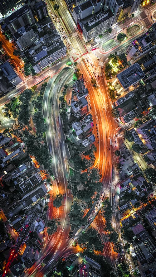 Free Aerial View Of City At Night Stock Photo