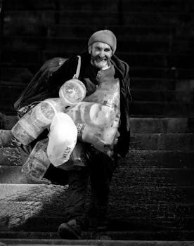 A man carrying plastic bottles up the stairs in Istanbul, showcasing urban life and recycling.