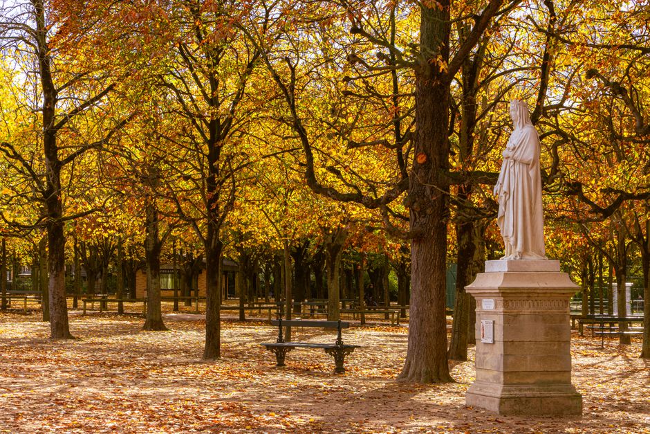 Elegant statue amidst autumn foliage in a Parisian park, captivating the essence of fall.