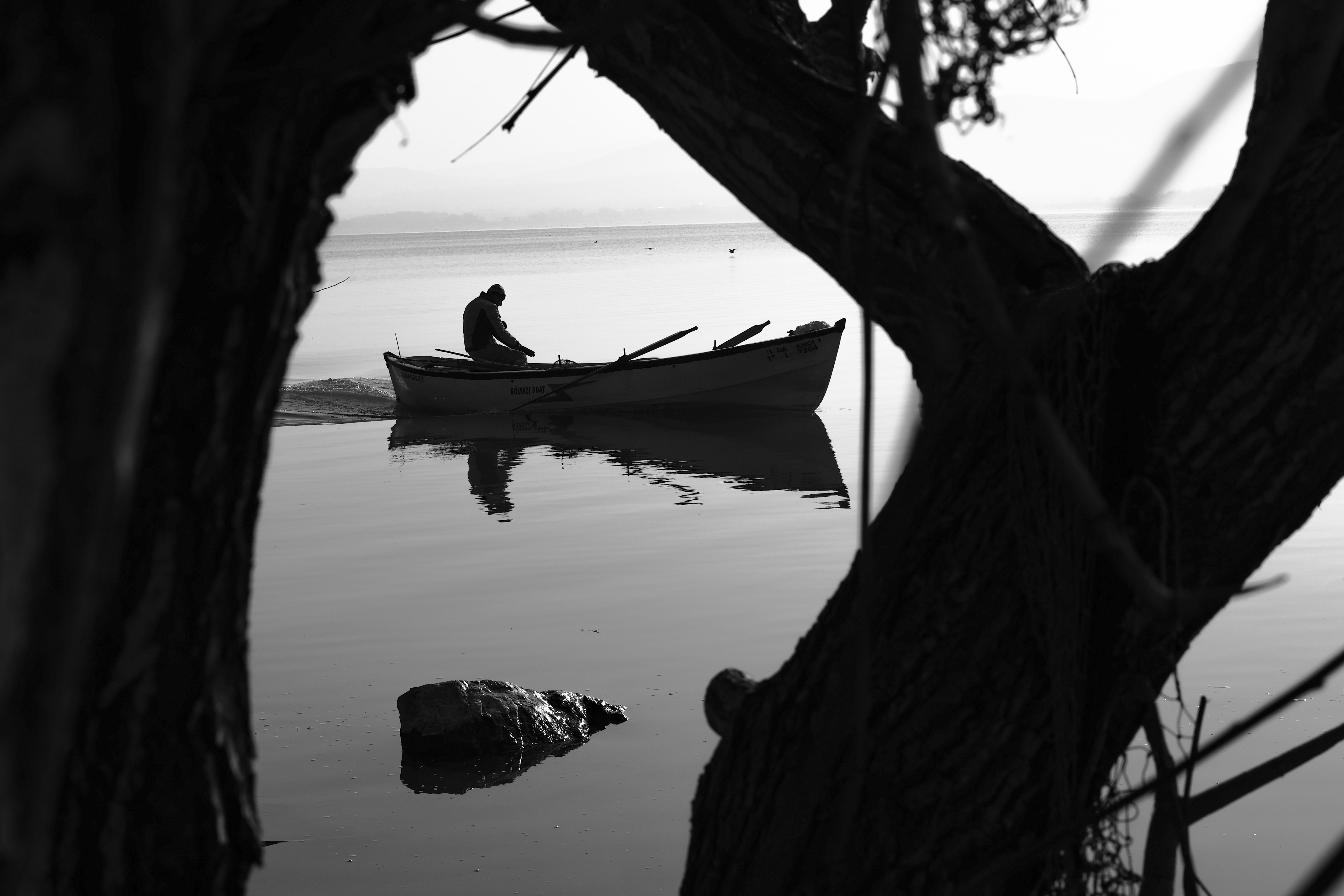 Silhouette of Fisherman in Rowboat on Serene Lake · Free Stock Photo