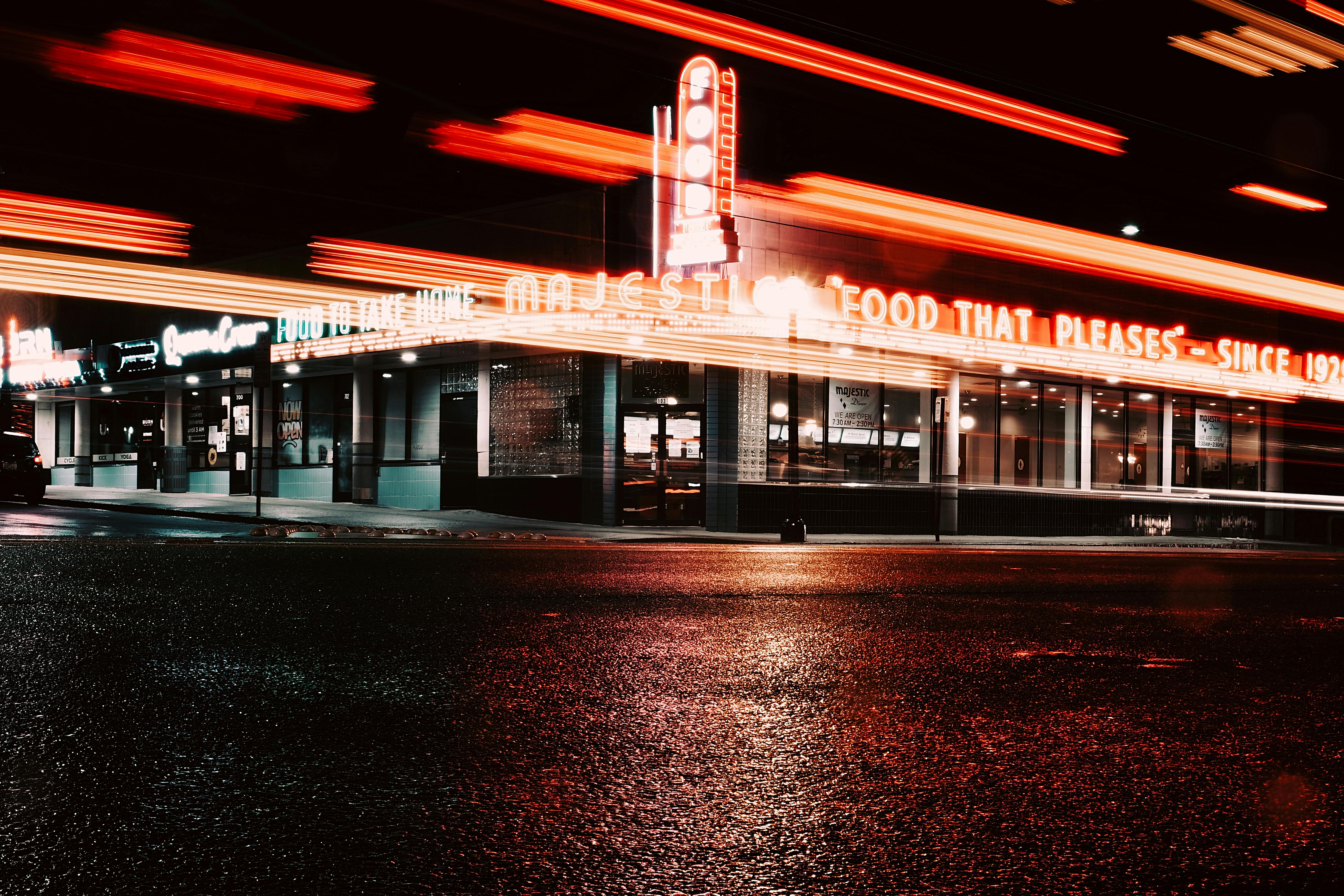 Free Abstract night shot of Majestic Diner with vibrant light trails in Atlanta. Stock Photo