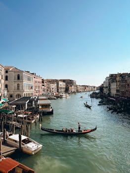A picturesque view of gondolas and historic buildings along Venice's Grand Canal.