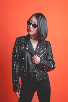 在橙色背景的映衬下，一位时尚女性穿着镶钉皮夹克