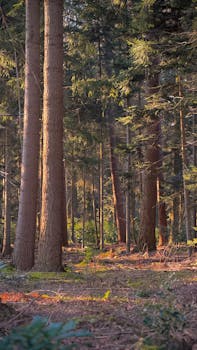 Beautiful sunlit forest with tall trees in Enschede, perfect for nature lovers.