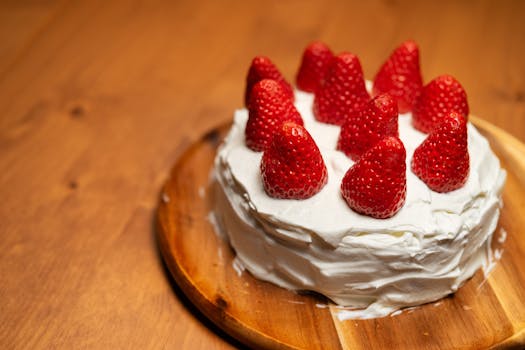 Tasty strawberry-topped cream cake on a wooden plate, perfect for celebrations.