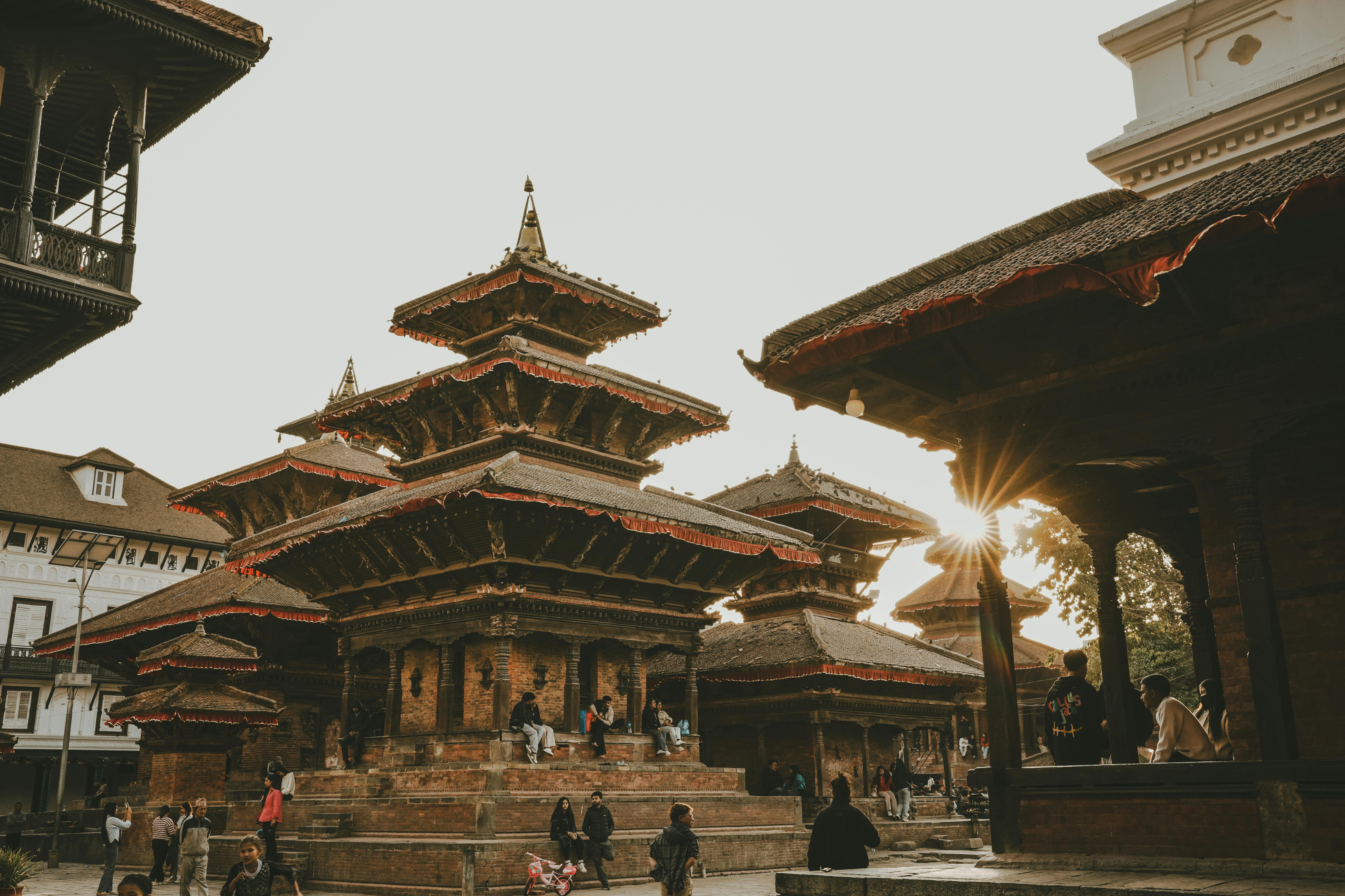 Kathmandu Easter scenery with cherry blossoms and traditional architecture