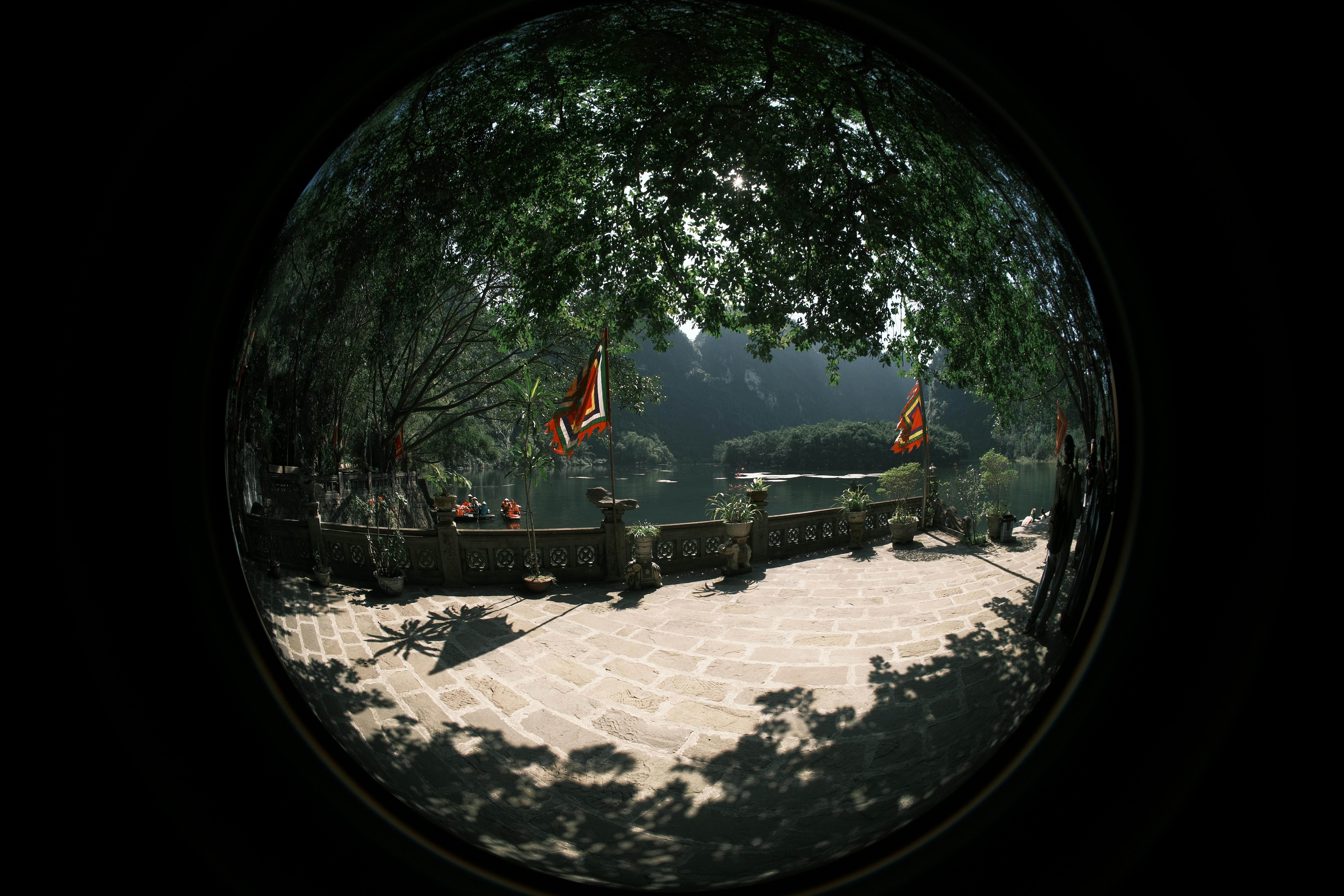 Gratis L'obiettivo fisheye cattura una tranquilla terrazza sul fiume, adornata da bandiere e circondata dalla natura. Foto a disposizione