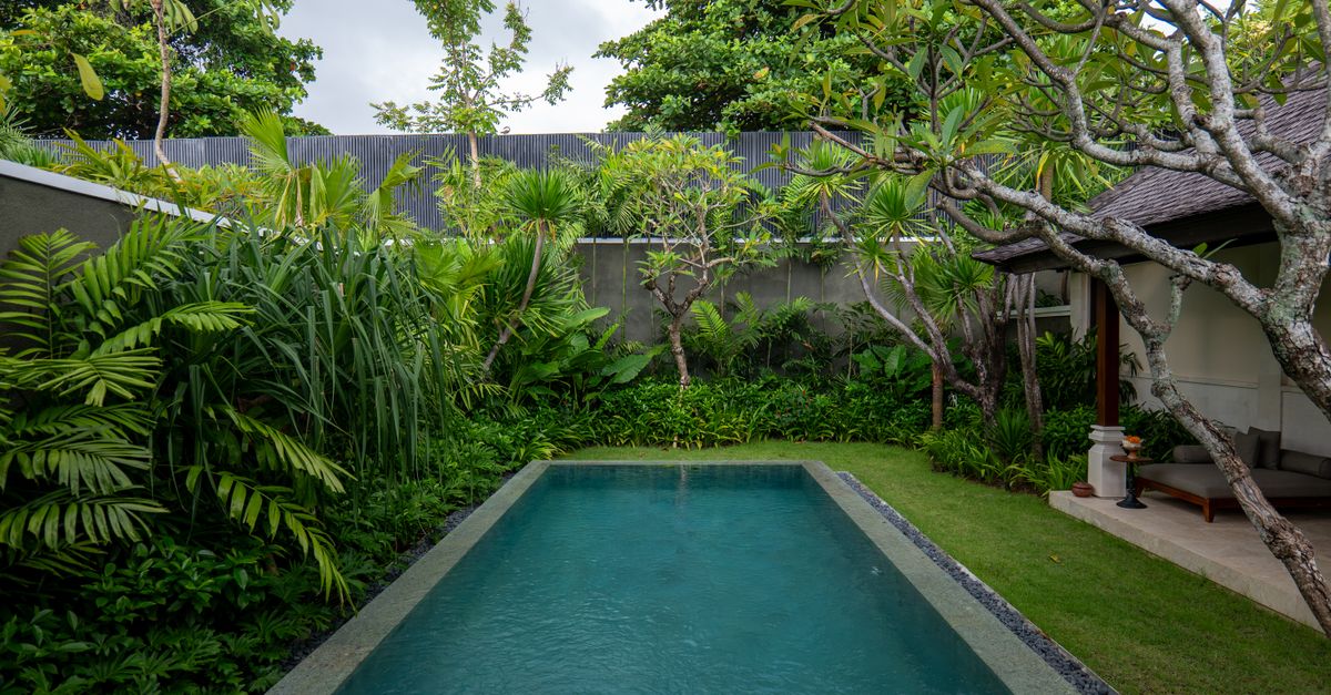 Luxurious villa pool surrounded by lush tropical greenery in Bali, Indonesia.