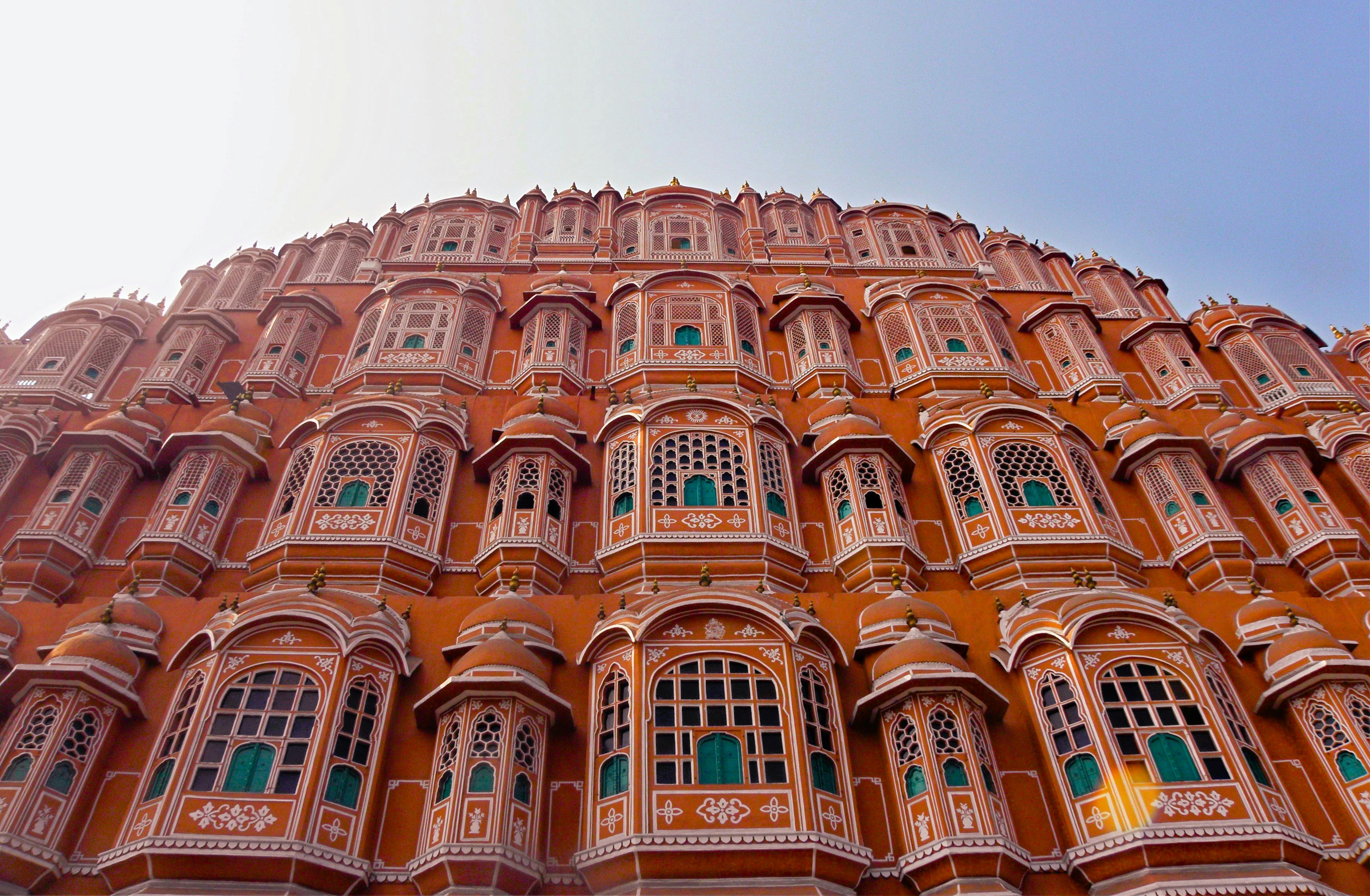 The intricate facade of Hawa Mahal in Jaipur, showcasing exquisite Rajasthani architecture.