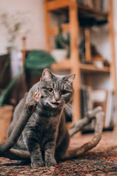 一只虎斑猫坐在室内舒适的房间里，旁边有树枝