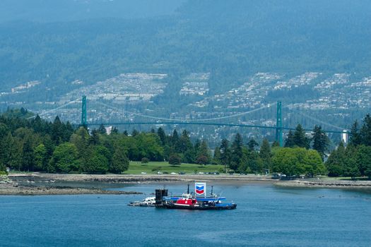 A serene view of Lions Gate Bridge spanning over water near Vancouver in summer.
