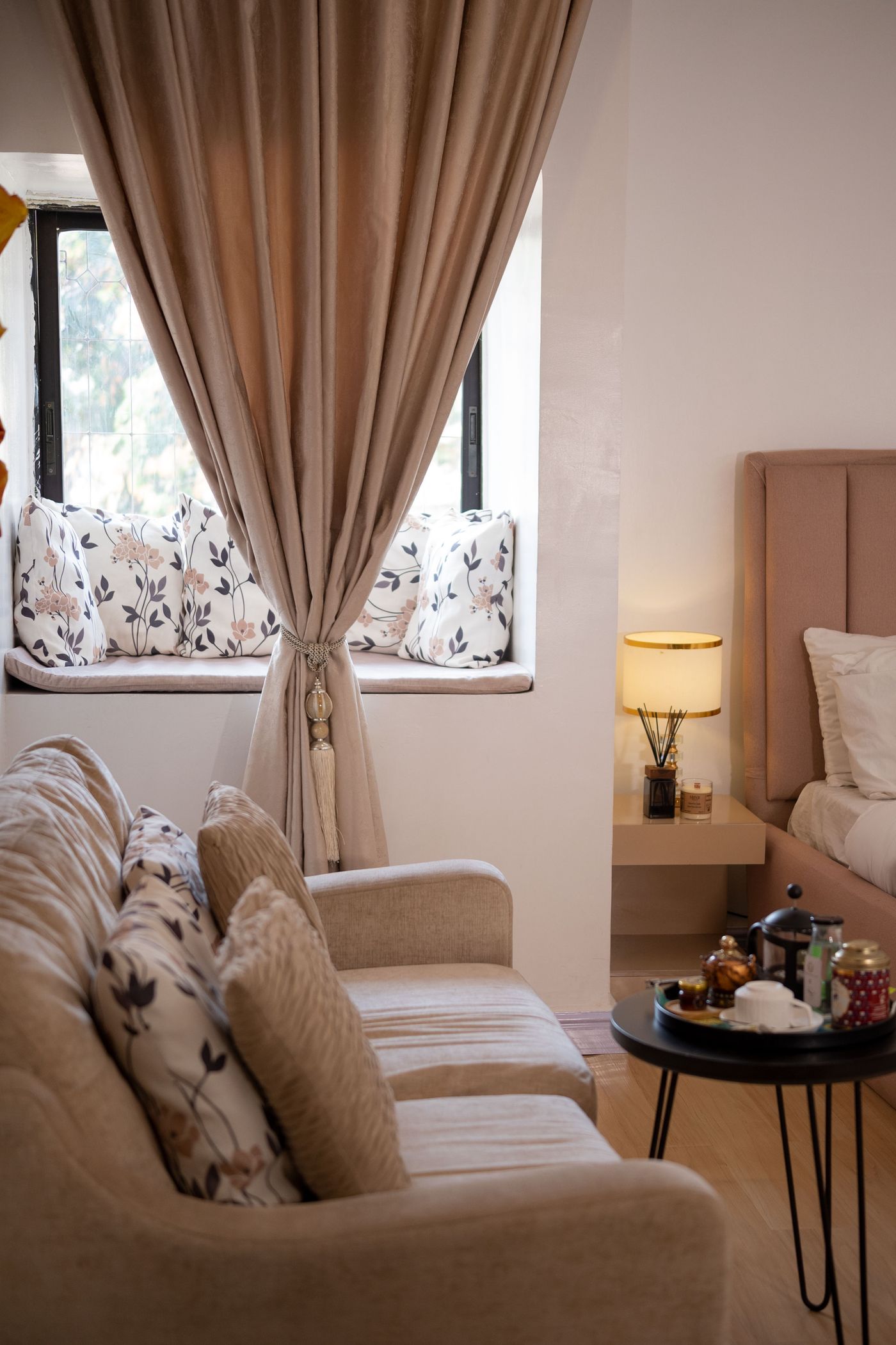 Living room with elegant full-length curtains