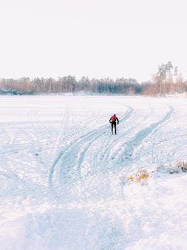 Lone skier traversing snowy landscape on ski tracks near a scenic winter forest.