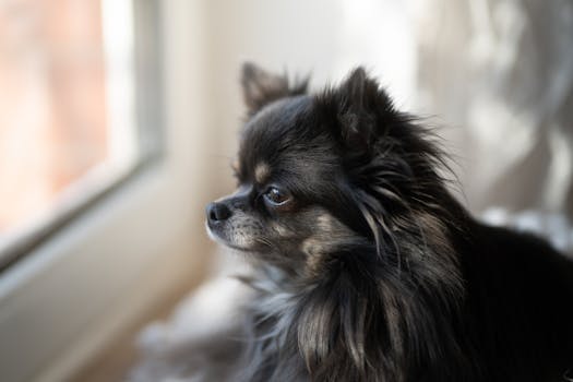 A long-haired Chihuahua gazes pensively out of a window, bathed in soft natural light.