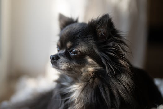 Side profile of a long-haired Chihuahua gazing out a window in soft lighting.