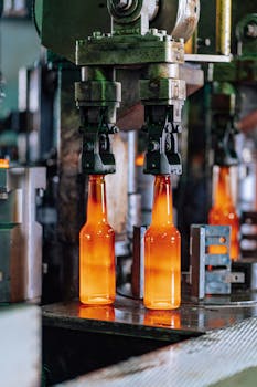 Molten glass bottles being formed in a manufacturing plant.