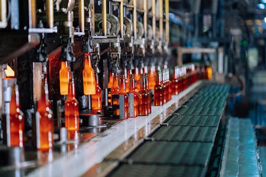 Glass bottles being manufactured on an automated production line in a factory.