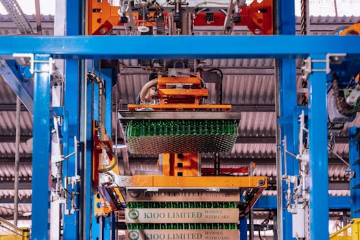 Glass manufacturing process at a factory in Dar es Salaam, showcasing automated machinery.