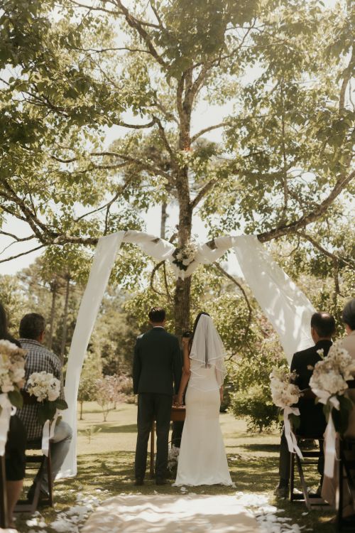 Free A romantic outdoor wedding ceremony with a couple standing under a tree canopy. Stock Photo