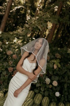 Bride in white gown and veil poses in lush garden surrounded by greenery and flowers.
