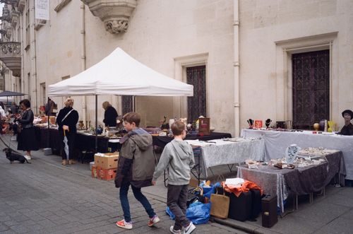 Free People browsing stalls at a street market in Nancy, France with a historic backdrop. Stock Photo
