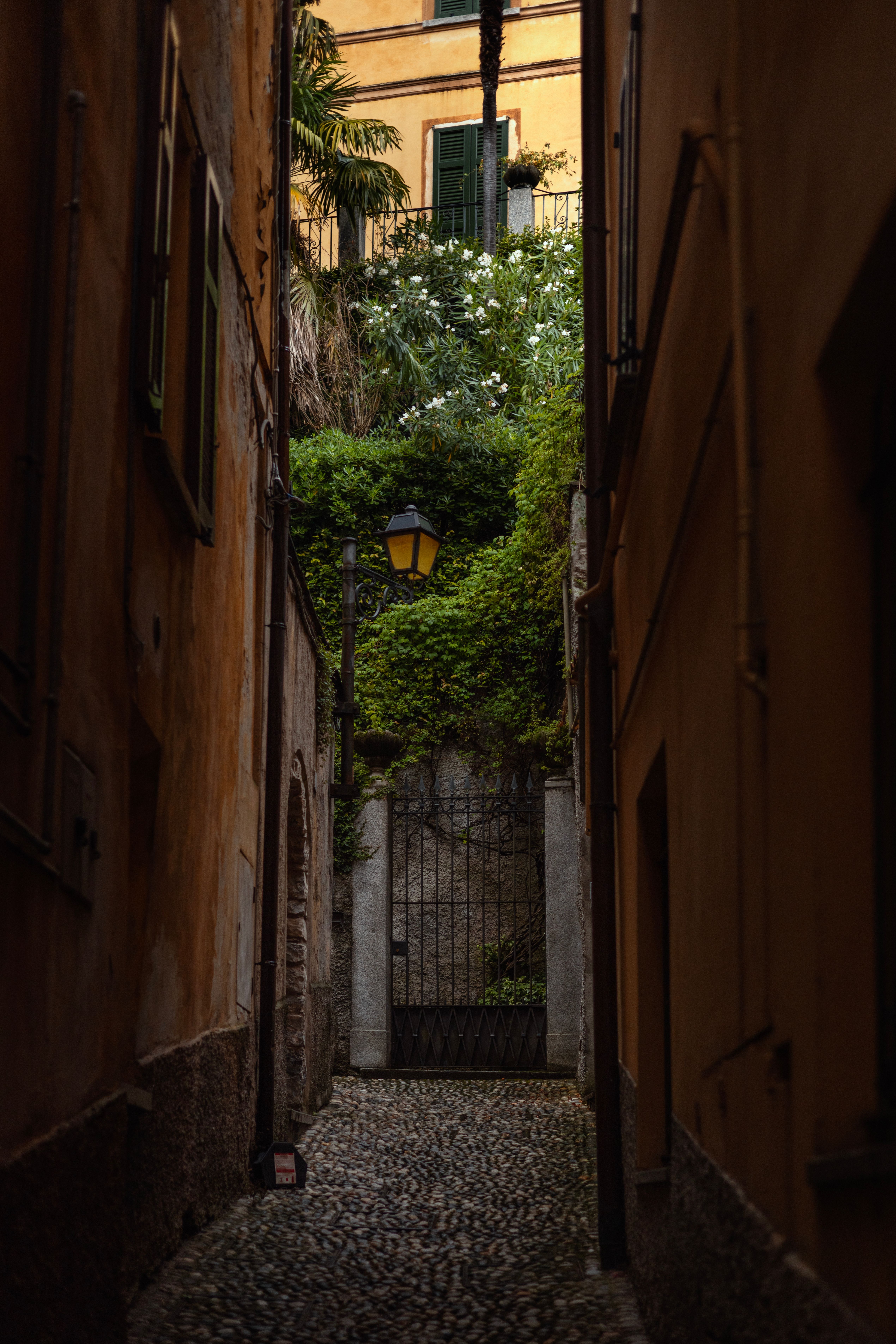 Narrow alleyway with cobblestone path and lush greenery in Como, Italy.