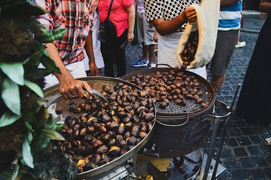 Street vendor roasting chestnuts over open fire in Rome, Italy market.
