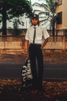 A fashionable young man poses outdoors with a casual yet sophisticated look amid fallen leaves.