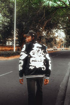 A man in a dragon-embroidered jacket walks down a quiet street lined with trees.