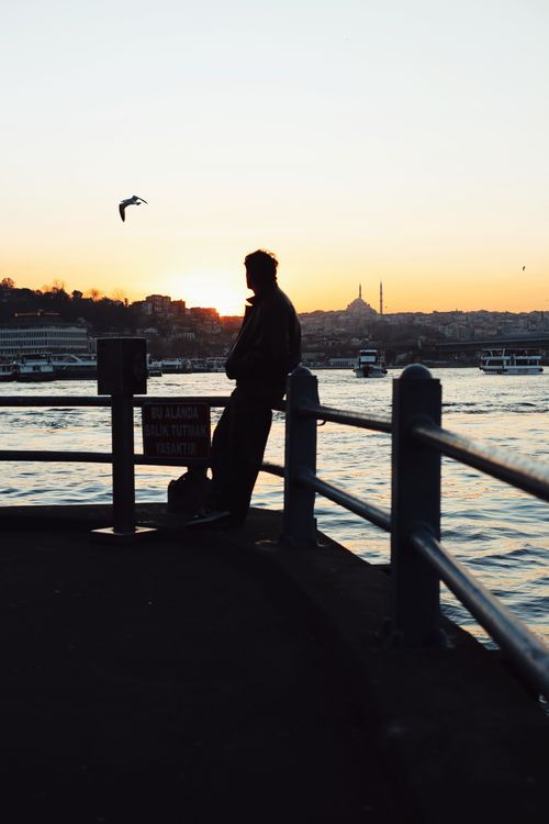 Free Silhouette of a person leaning against a railing by the Bosphorus at sunset with Istanbul skyline in the background. Stock Photo