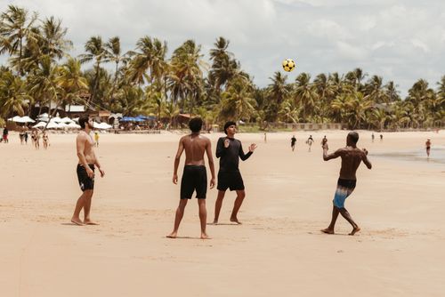 Free Friends enjoy a beach soccer game under palm trees, capturing the lively summer spirit. Stock Photo