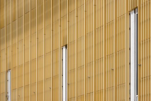 Free Close-up of a modern building's facade featuring vertical lines and a minimalist design. Stock Photo