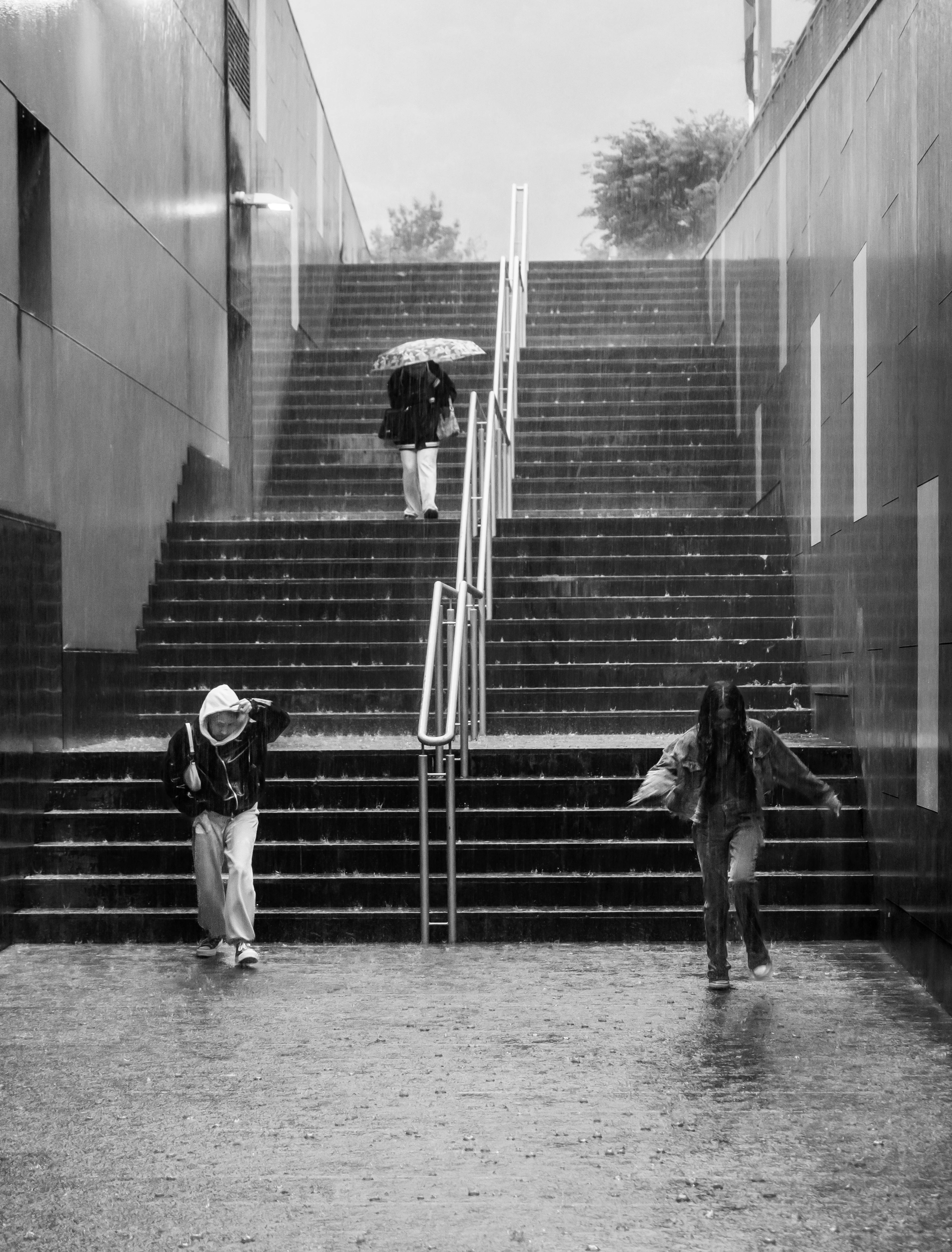 無料 アンドラで大雨の中、傘をさしながら階段を上り下りする人々の白黒写真。 写真素材