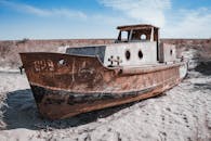 Rusting Shipwreck in the Aral Sea Desert Landscape
