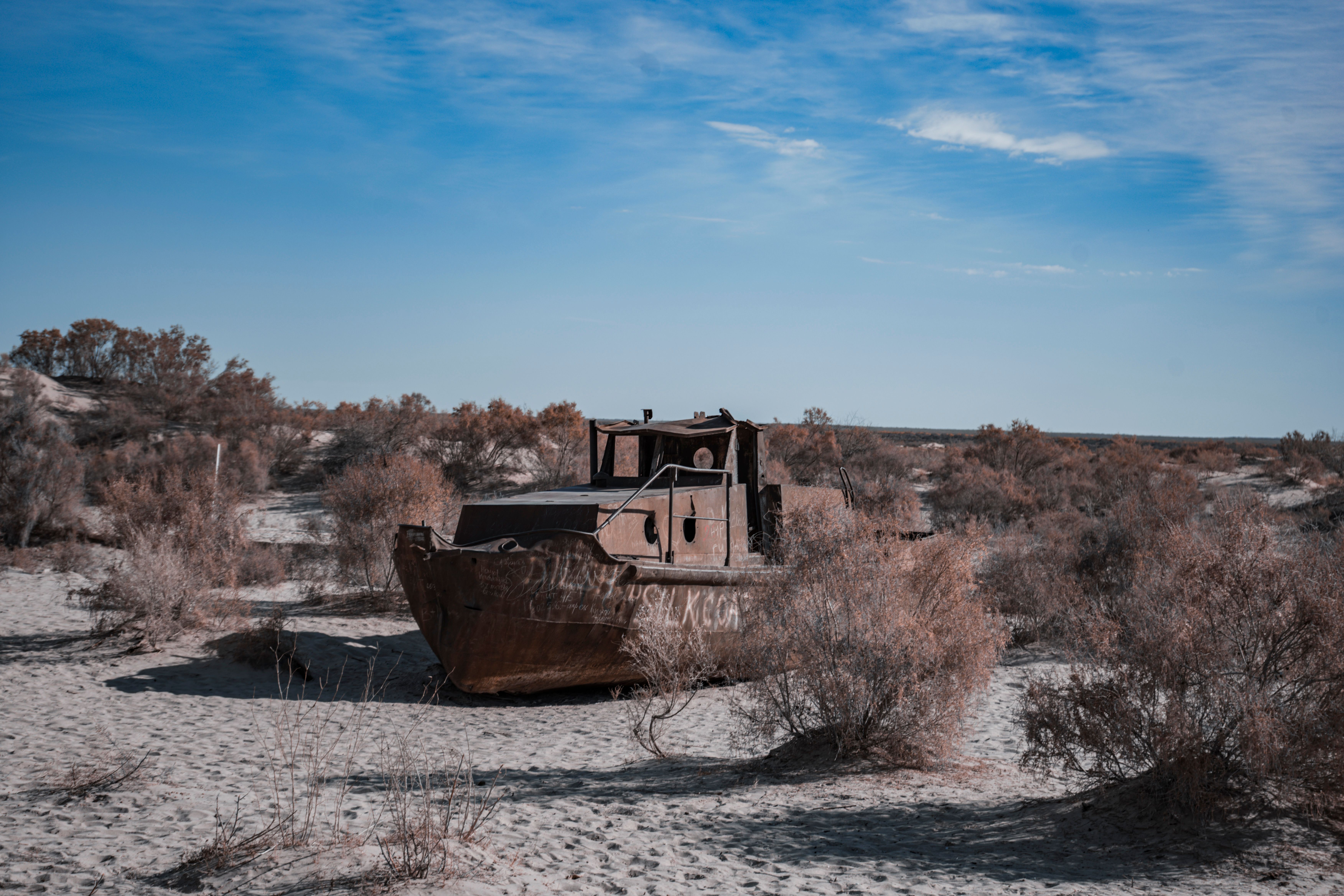 Rusty Abandoned Ship on Aral Sea Desert