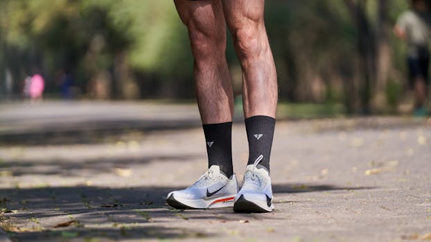 Close-up of male runner's legs wearing sneakers and black socks on a sunny park pathway.