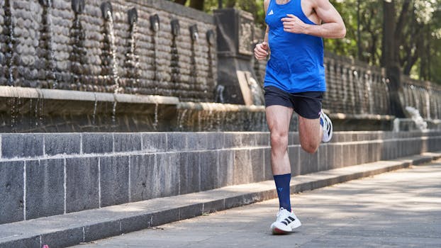 An athletic man jogging near a fountain in an urban park during the day.