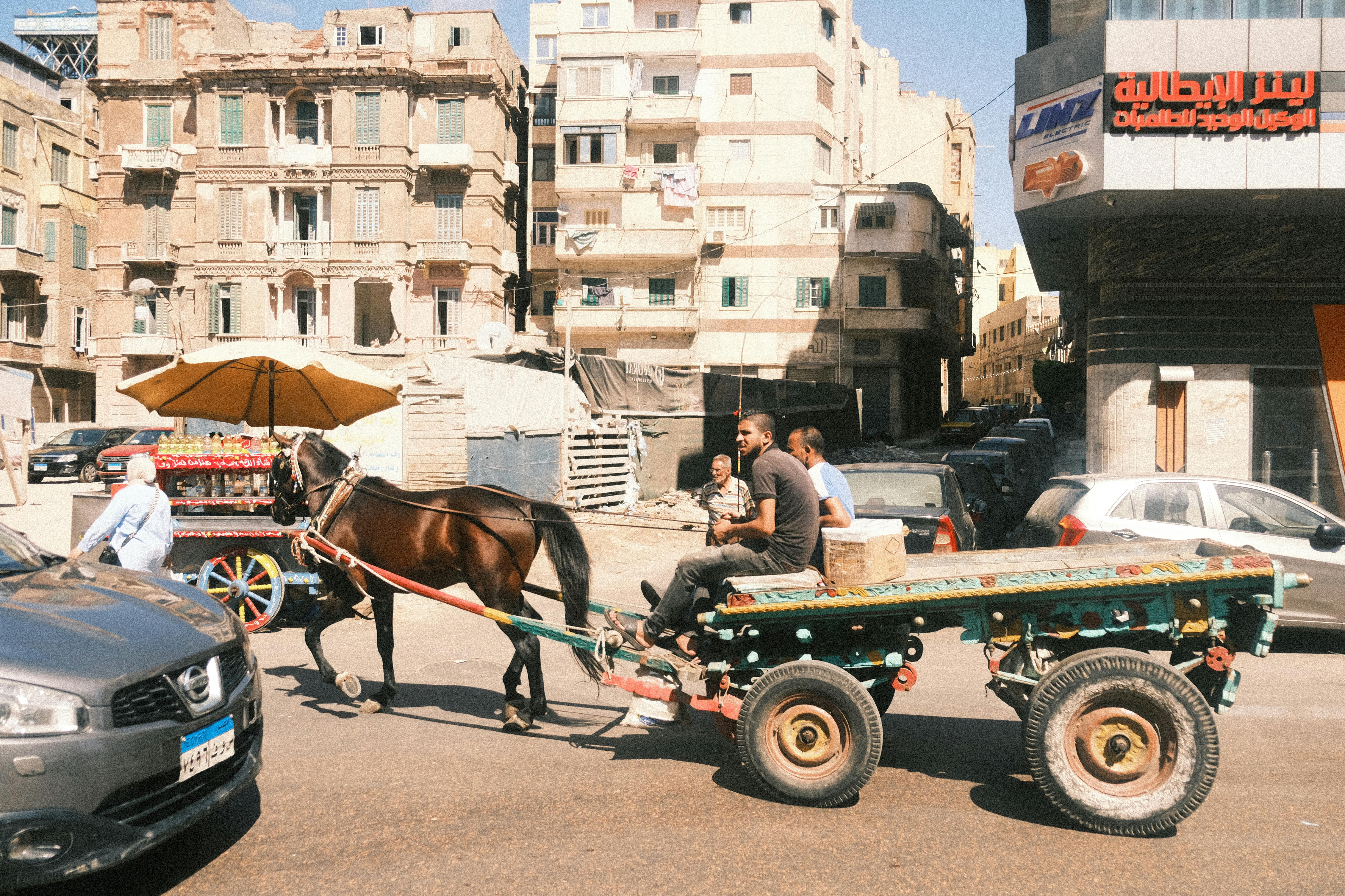 Free Busy street in Alexandria with a horse-drawn carriage and bustling activity. Stock Photo