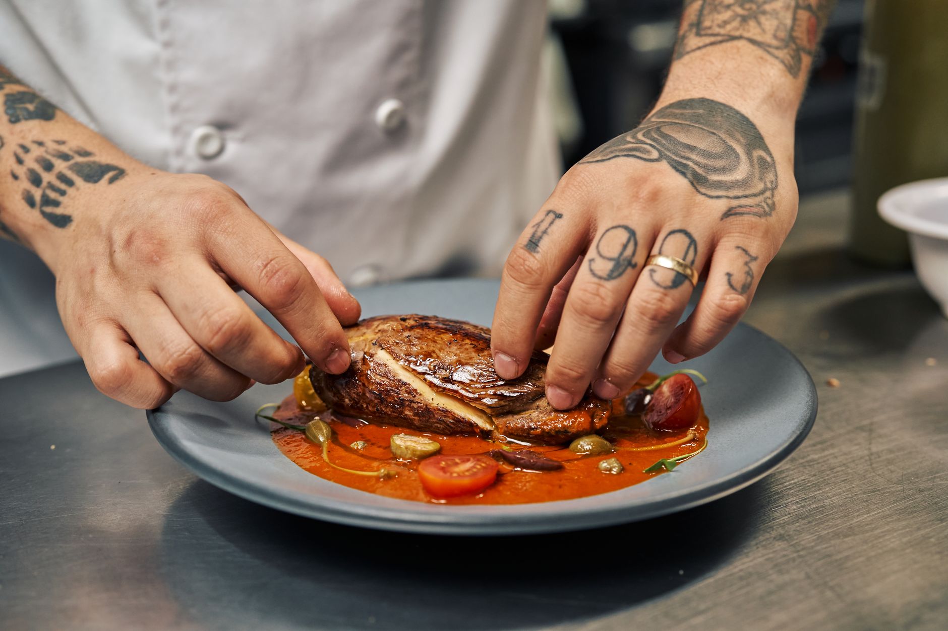 Chef preparing rabbit dish
