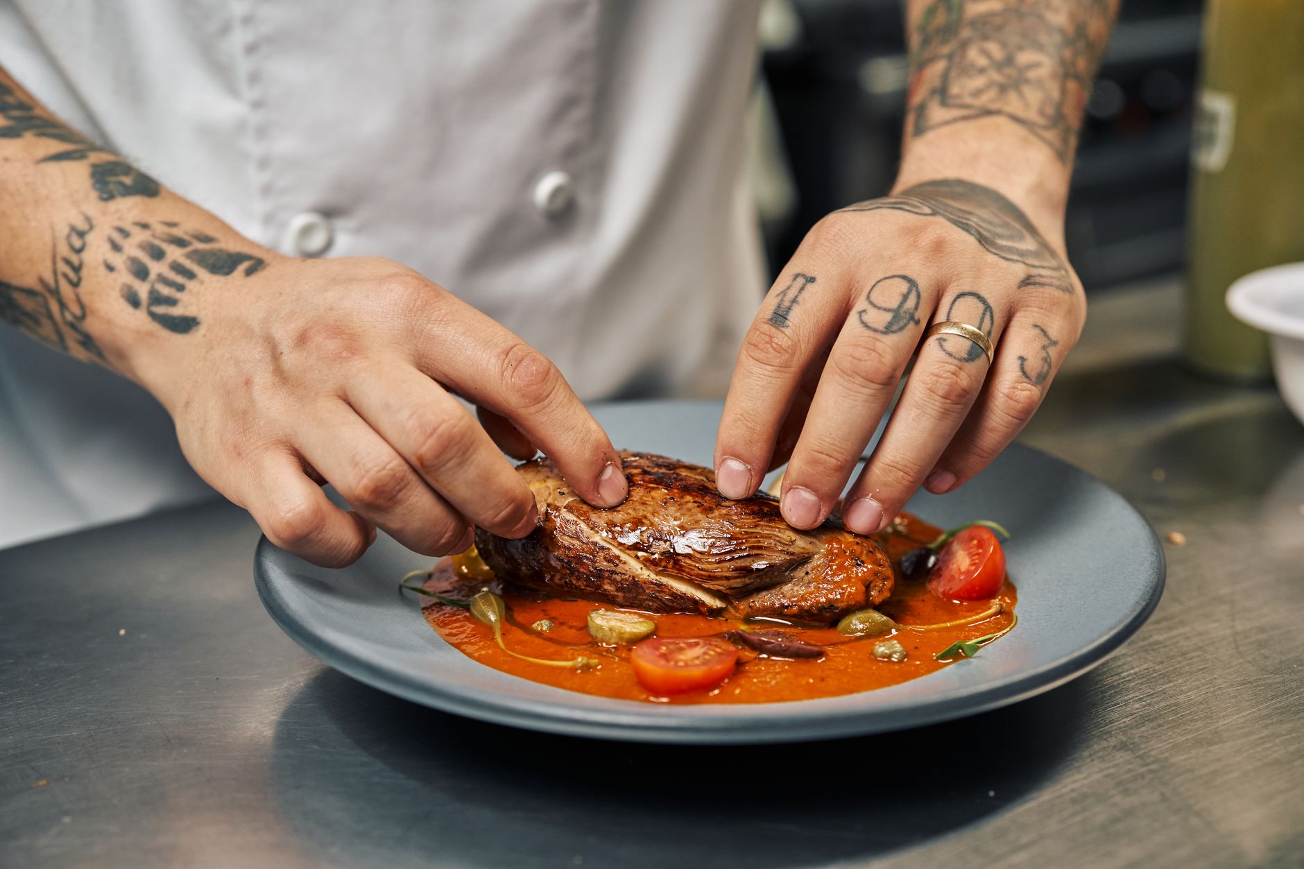 Professional chef cooking rabbit