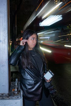 Portrait of a woman photographer in Ciudad de México at night with blurred traffic lights.