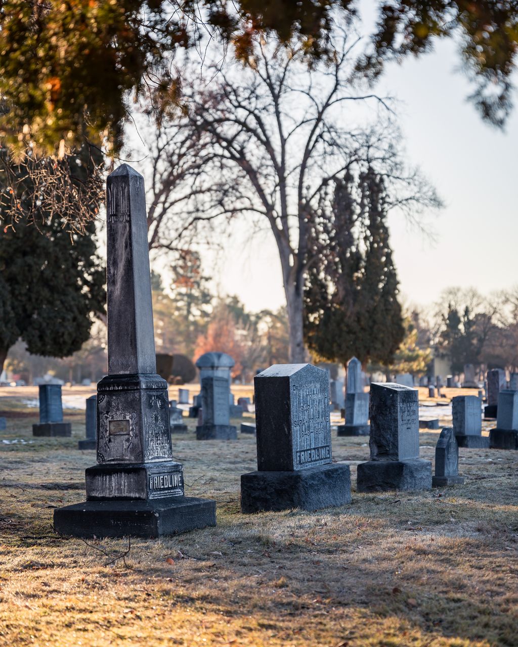 A cemetery at low winter sun, with a tall dark stone obelisk on a stepped plinth in the foreground and weathered headstones and bare trees behind.