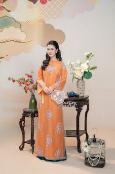 Woman in an orange traditional dress near floral decor indoors.