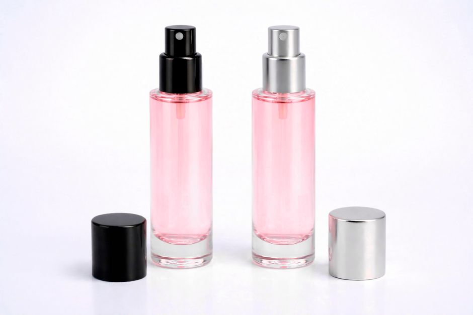 Two elegant pink perfume bottles with black and silver caps on a bright white surface.