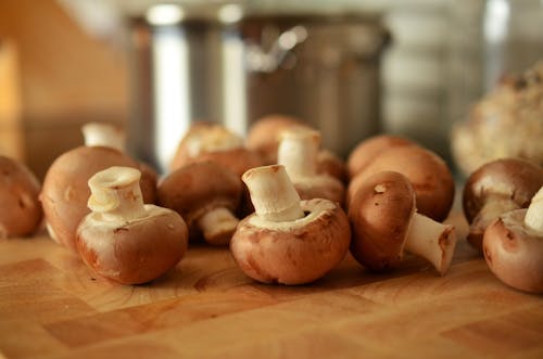 Gratis Brown Mushroom Lot Di Permukaan Coklat Foto Stok