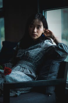 一位穿着时尚的年轻女子在室内窗前沉思地摆着姿势