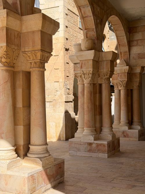 Free Beautifully carved stone columns in an ancient courtyard in Israel. Stock Photo