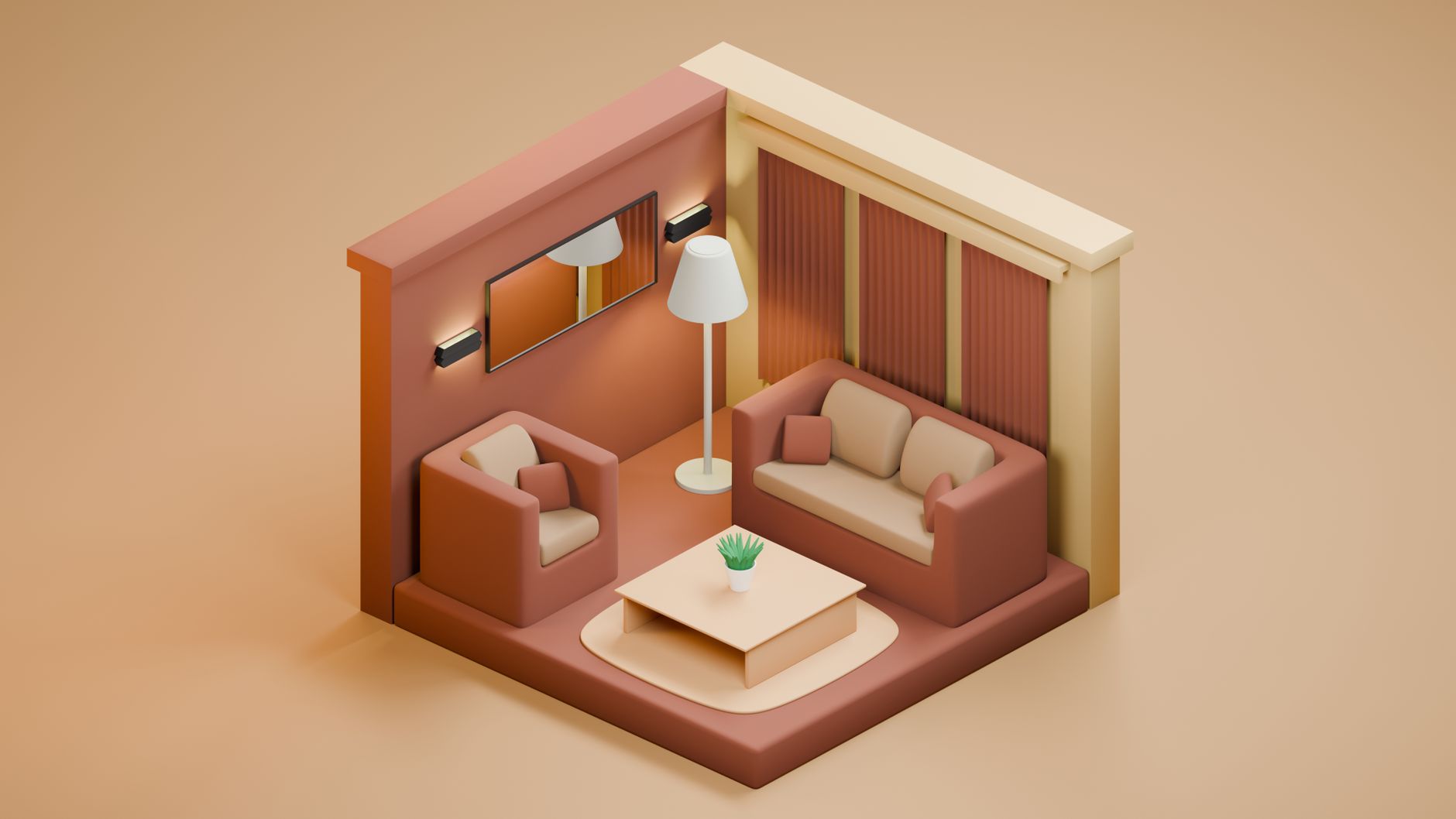 modern apartment layout for renters Stylish 3D isometric living room with modern minimalist furniture and decor.