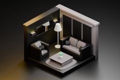 Stylish 3D rendering of a chic, modern living room with minimalist design elements.